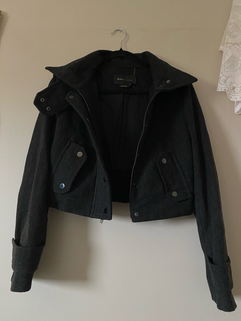 BCBGMaxAzria Black Cropped Wool-Blend Pea Coat